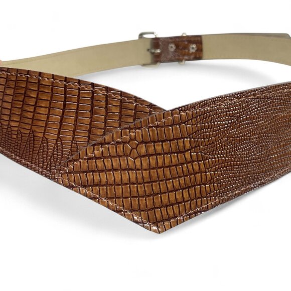 Vintage Corset Style Belt Croc-Embossed Bonded Leather Brown M-L Silver Buckle - Picture 4 of 4